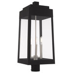 Livex Lighting - Livex Lighting Black 3-Light Outdoor Post Top Lantern - This updated industrial design comes in a tapering solid brass black frame with a sleek, straight-lined look. Clear glass panels offer a full view of the brushed nickel accents, that will house the bulb of your choice.