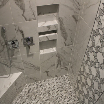 White Marble Porcelain Master Shower with Waterfall Accent