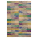 Bareens Designer Rugs - Chic Turkish Kilim Sneed Hand-Woven Wool Rug - 5'9'' x 8'0'' - Elevate the elegance of your home with this stunning hand-woven tribal Kilim wool rug. Meticulously crafted on a loom by the Nomad Turkman people using hand-spun wool and 100% natural vegetable dyes, these rugs are recognized for their repetitive geometric patterns, incorporating naturalistic floral and traditional designs. The contemporary fashion palette results in bold, sharp patterns that are incredibly versatile, as the pattern is the same on both sides. These reversible rugs feature a lighter shade on one side and brighter colors on the other, providing versatility according to preference. These unique rugs are made by knotting short strands of different colors onto the warps and securing them by tightly pressing the wefts. The designs are created by interweaving the various colored wefts and warps. Kilims are known for their exceptional durability and versatility, making them truly unique rugs.  Product Details    Rug Size: 5'9'' x 8'0''  Material: 100% Wool  Style: Kilim, Flat Weave, Dhurrie, Turkish, Southwestern, Rustic, Tribal  Colors: Natural, Purple, Grey, Purple  Weave Type: Hand-Woven, Handmade  Pile Height: Less than 0.25 inch