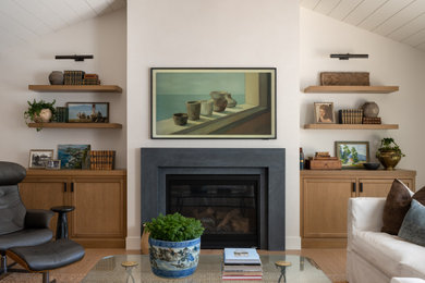 Transitional open concept light wood floor, beige floor, shiplap ceiling and vaulted ceiling living room photo in Orange County with white walls and a standard fireplace