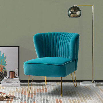 Tufted Side Chair With Golden Base, Blue