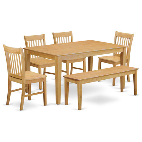 Cano6-Oak-W, 6-Piece Set With Bench, Dining Table and 4 Chairs and Bench