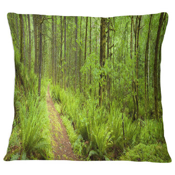 Lush Forest Path Columbia River Forest Throw Pillow, 18"x18"