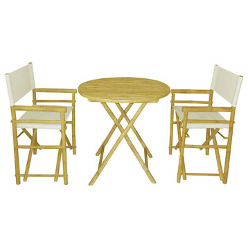 Bamboo Set of 2 Director Chairs and 1 Round Bamboo Table, White