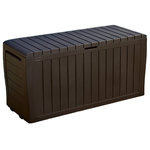 Keter - Keter Marvel Plus 71 Gallon Plastic All-Weather Outdoor Storage Deck Box - From flower planters to deck cushions, the Marvel storage box holds it all. Store your patio furniture pillows, garden tools, pool toys and deck supplies neatly within the large 71-gallon capacity space. You can also place it indoors at the foot of the bed or in a child's room to hold extra bedding, toys and seasonal clothing. Because of its durable construction, this storage box never buckles or expands no matter how much you store.