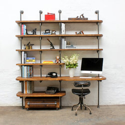 Nita Reclaimed Scaffolding Board & Dark Steel pipe Curved Shelving & Desk Unit - Display & Wall Shelves
