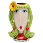 Cosmos Gifts Corp - Daisy Lady Makeup Brush Holder - Keep your makeup brushes organized and accessible with the Daisy Lady Makeup Brush Holder. This quirky holder features a green-haired woman wearing heart-shaped earrings and a flower barrette. Display it on a bathroom counter or vanity as a fun, vibrant accent piece.