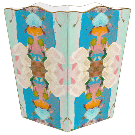 WB529LP-Laura Park Monets Garden Blue Wastepaper Basket, Scalloped Top and Wood Tissue Box Cover