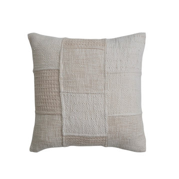 18 Inches Square Cotton Patchwork Pillow, Cream and Natural