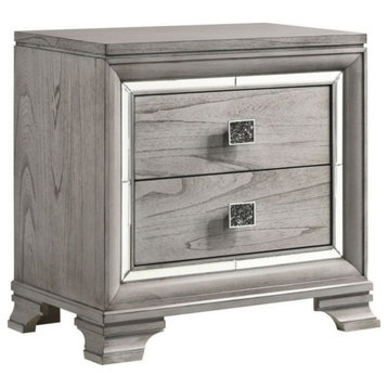 2 Drawer Nightstand With Mirror Accent And Bracket Feet, Light Gray