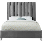 Meridian Furniture - Enzo Velvet Bed, Gray, Full - Create a bold yet welcoming sanctuary in your bedroom with this Enzo Grey Velvet Full Bed. The chrome channel design features velvet fabric upholstery for a sleek, glamorous look. The chrome legs provide support for the plank-style base, ensuring durability and long-lived beauty. Full slats are included, making setup easy and quick. No box spring is required with this bed, so you can use it with your choice of mattress.
