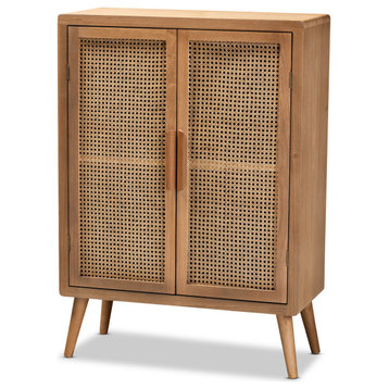 Slater Medium Oak Wood and Rattan 2-Door Accent Storage Cabinet