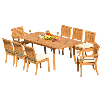 9-Piece Teak Dining Set, 94" Ext Rect, 8 Arbor Stacking Arm/Armless Chairs