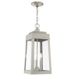 Livex Lighting - Transitional Outdoor Pendant Lantern, Brushed Nickel - This updated industrial design comes in a tapering solid brass brushed nickel frame with a sleek, straight-lined look and features clear glass panels.