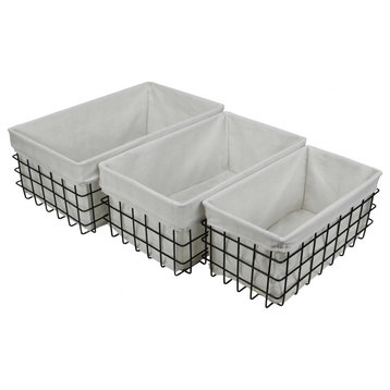 HomeRoots Set of 3 Rectangular White Lined and Metal Wire Baskets