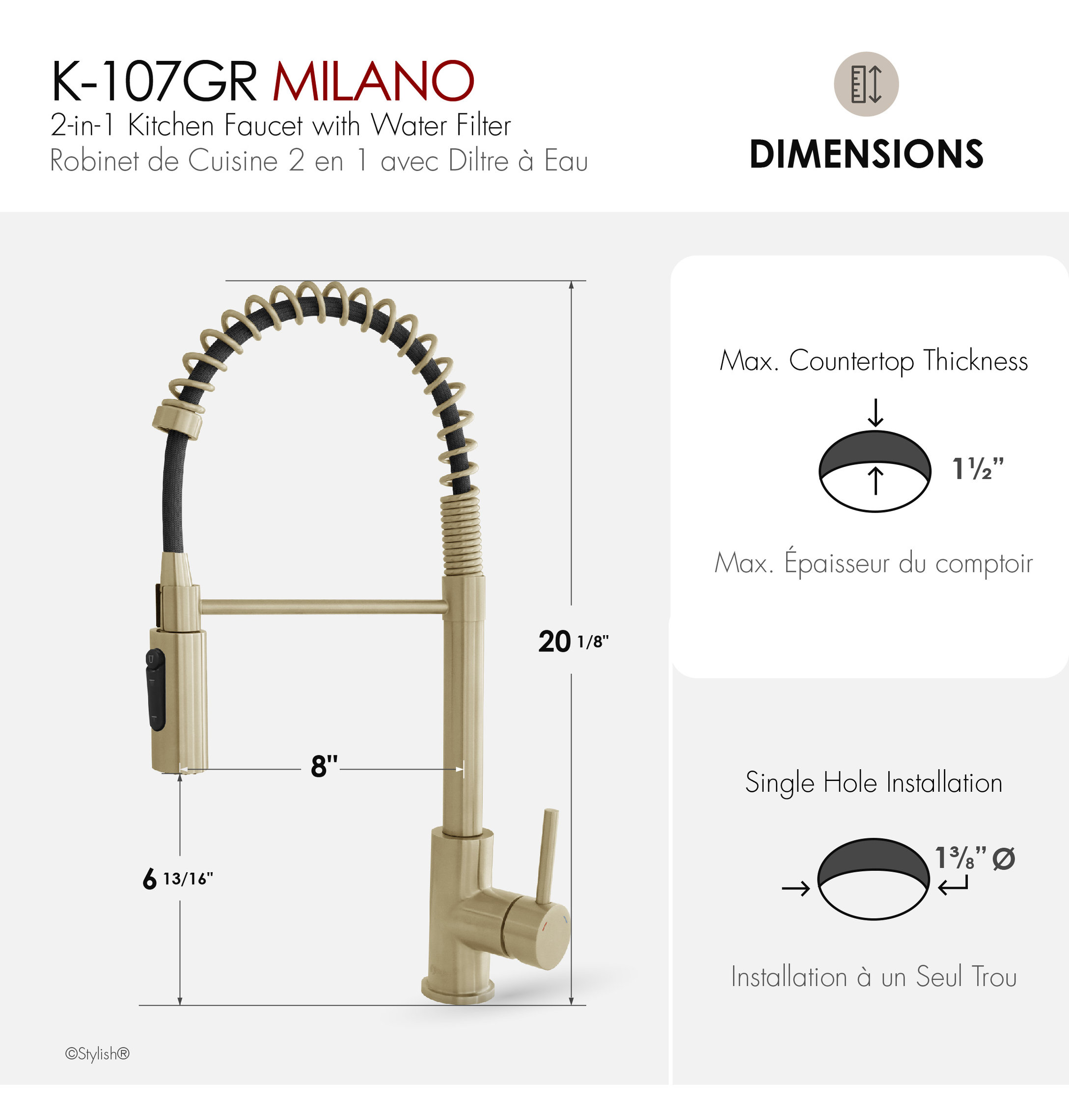 STYLISH Milano Pull-Down Kitchen Faucet with water filter, Stainless Steel., Brushed Gold