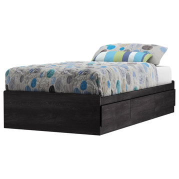 Contemporary Platform Bed, Wooden Frame With 3 Side Storage Drawers, Gray Oak