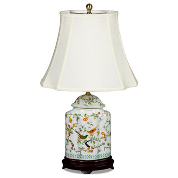 White Bird and Flower Motif Asian Porcelain Lamp