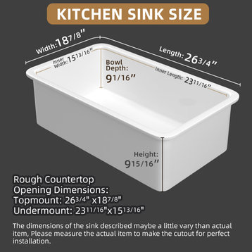 27 X 19" Drop-in/Undermount Farm Fireclay Kitchen Sink Single Bowl With Strainer
