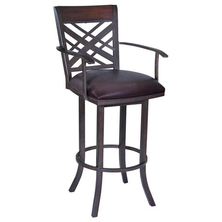 Armen Living Tahiti 26" Faux Leather & Metal Counter Stool in Brown/Auburn Bay