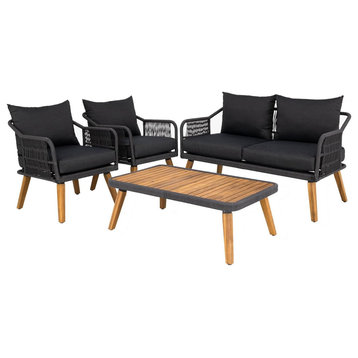 4 Pcs Patio Conversational Set, Acacia Frame With Woven Rope & Cushions, Black