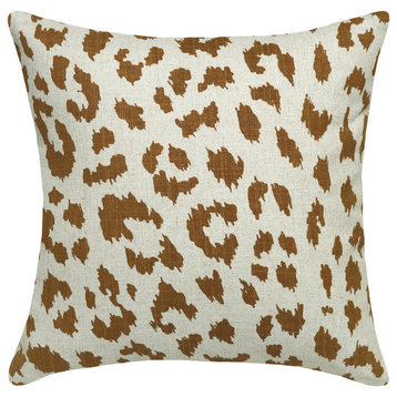Cheetah Printed Linen Pillow With Feather-Down Insert, Caramel
