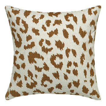 Cheetah Printed Linen Pillow With Feather-Down Insert, Caramel