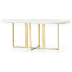 Four Hands - Devan Oval Dining Table - Unique oval shaping brings implied movement to the table. A brass-finished iron base forms clean, architectural angles to support a rounded top of white marble. A recessed apron adds a touch of depth to feminine-spirited design.