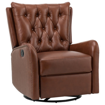 Transitional Genuine Leather Manual Swivel Recliner, Brown