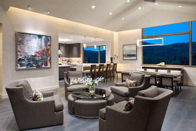 Inspiration for a mid-sized contemporary formal and open concept medium tone wood floor and gray floor living room remodel in Denver with white walls, no fireplace and no tv