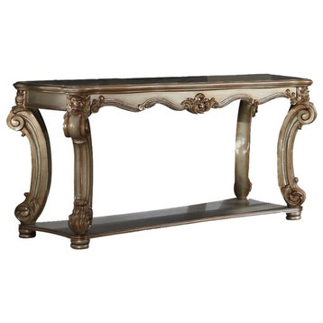 Classic Console Table, Elegant Scrolled Legs With Lower Open Shelf, Gold Patina