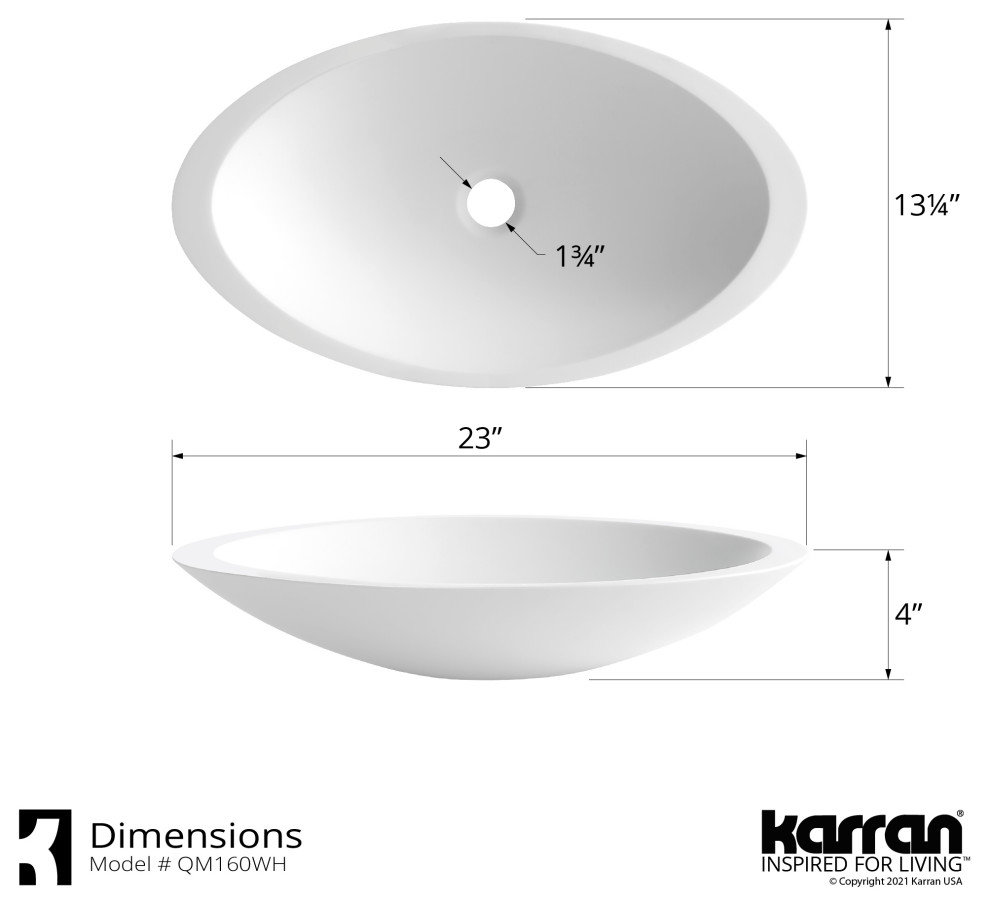 Karran Quattro QM160 Matte White Acrylic 23" Oval Bathroom Vessel Sink