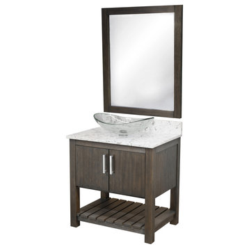 30" Vanity, Cafe Mocha Quartz Top, Sink, Drain, Mounting Ring, and P-Trap, Brushed Nickel, Mirror Included
