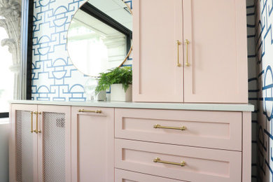 Inspiration for a modern carpeted, black floor and wallpaper home office remodel in Chicago with blue walls