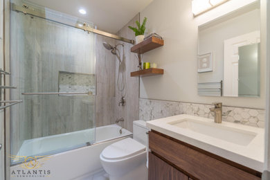 Bathroom - small traditional master single-sink bathroom idea in San Francisco with brown cabinets, quartzite countertops, white countertops and a floating vanity