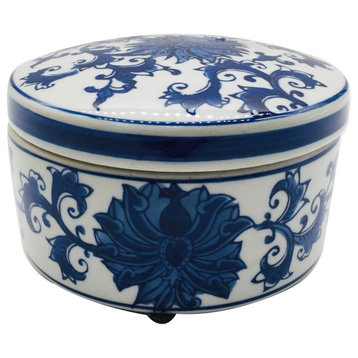 Blue & White Chinoiserie Round Ceramic Box - Lotus