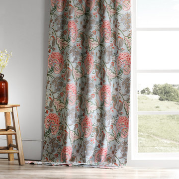 Garden Party Sky Blue Printed Linen Textured Blackout Curtain