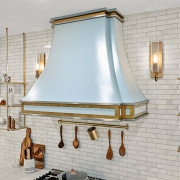 Custom Marina Blue & Brass Range Hood with Hanging Utensils
