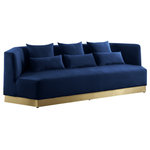 Meridian Furniture - Marquis Velvet Upholstered Set, Navy, Sofa - Revamp your living room, den or great room with this Marquis velvet sofa. This handsome piece features a bold contemporary look that's well at home in most modern decor themes. Plump pillows add a little something extra to make you feel extra cozy. Upholstered in soft navy velvet, this piece fits in nicely with nearly any other colors in the room, and the brushed gold stainless steel base ensures its up-to-the-minute look.