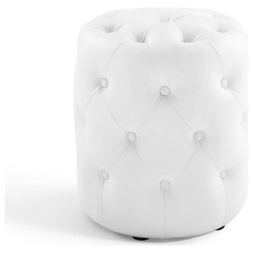 Tufted Accent Chair Ottoman, Round, Faux Leather, White, Modern, Lounge