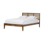 Daylan Mid-Century Modern Solid Walnut Wood Slatted Bed, Queen