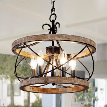 5-Light Rustic Distressed Wood Caged Chandelier Farmhouse Pendant Light, Distressed