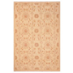 Bareens Designer Rugs - Boho Chic Ziegler Verdell Beige Gold Hand-Knotted Wool Rug - 6'0'' x 8'10'' - Enhance the ambiance of your home with this magnificent Persian-influenced Turkish hand-knotted rug made by skilled artisans capable of creating the most exceptional vegetable dyes and hand-spun wool. This exquisite handmade rug is a one-of-a-kind Peshawar Kafkaz, otherwise identified as Chobi, Chobi Peshawar, Oushak, or Ziegler rug. These handmade rugs are crafted in Pakistan utilizing superior-quality wool imported from Australia, New Zealand, and Korea in two types of weaves: the Persian weave and the Mori weave. This rug is meticulously crafted by hand using the finest natural vegetable dyes extracted from local plants. The artisans use a blend of hand-spun local and fine merino wool, resulting in a rug with a compelling texture, higher lanolin content, and longer staple. The artisans occasionally incorporate natural or artificial silk into the pile to enhance specific motifs. The finished product is an awe-inspiring execution of flawless design and an understated palette that exudes elegance.