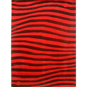 Abstract Waves Hand-Tufted Wool Rug, Red and Black, 8'x11'