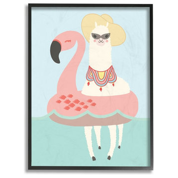 The Kids Room Cartoon Glam Llama In a Flamingo Float Framed Giclee Art, 11"x14"