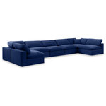 Meridian Furniture - Comfy Upholstered U-Shaped Modular Sectional, Navy, 7-Piece: 5 Armless Chair, 2 Corner Chair, Velvet - Give your space a whole new look with this navy Comfy velvet sectional. This handsome sectional fits nicely with other items in the Comfy collection and is a versatile seating option designed for adaptability, comfort and style. Wrapped in rich navy durable velvet upholstery, this sectional offers a plush embrace of overstuffed down feather cushions, carefully crafted to deliver the highest level of comfort. The perfect seat for creating an oasis for relaxation, this sectional has thick foam surrounding its frame for added support and coziness.