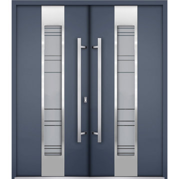 Exterior Prehung Metal Double Doors Deux 0757 GrayFrosted GlassRight