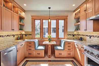 Mid-sized arts and crafts u-shaped linoleum floor and multicolored floor enclosed kitchen photo in Other with an undermount sink, recessed-panel cabinets, medium tone wood cabinets, granite countertops, multicolored backsplash, ceramic backsplash, no island and multicolored countertops