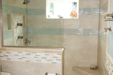 Mid-sized elegant master beige tile and stone tile travertine floor walk-in shower photo in Other with an undermount sink and beige walls