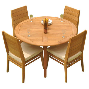 5-Piece Outdoor Teak Dining Set: 52" Round Table, 4 Char Stacking Armless Chairs